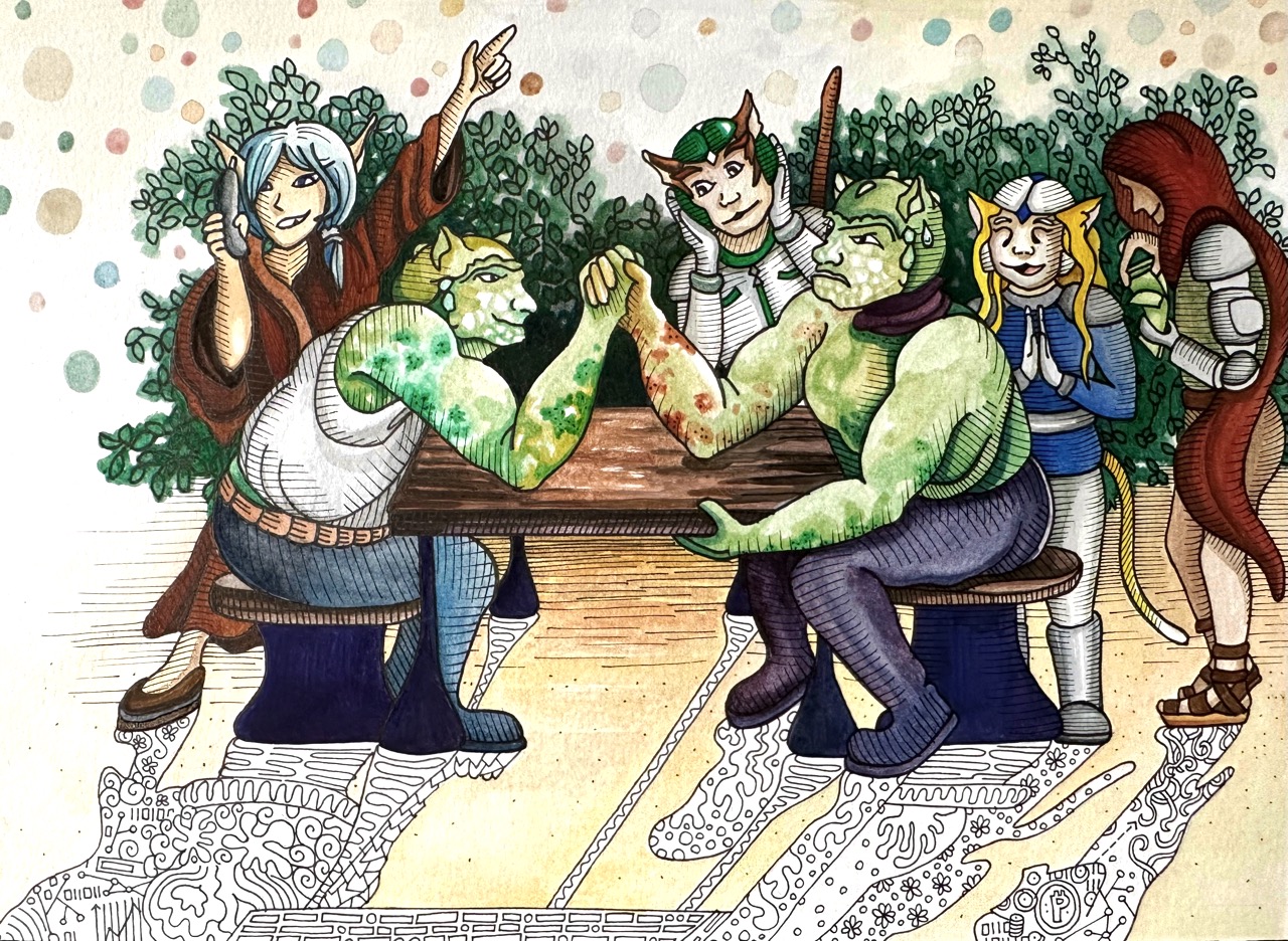 Arm wrestling scene artwork